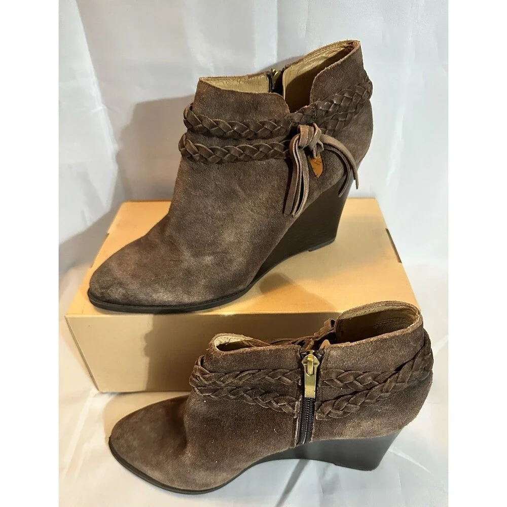 Franco Sarto Brown Suede Wedge Booties Braided Tassel Boho Womens 10